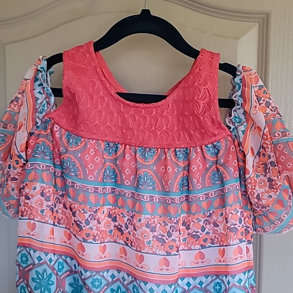 Wonder Nation large 10/12 pink floral/hearts dress with open shoulder sleeves